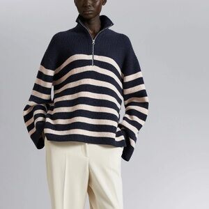 & Other Stories Striped Half Zip Sweater Wool Blend Navy Cream Stockholm Atelier